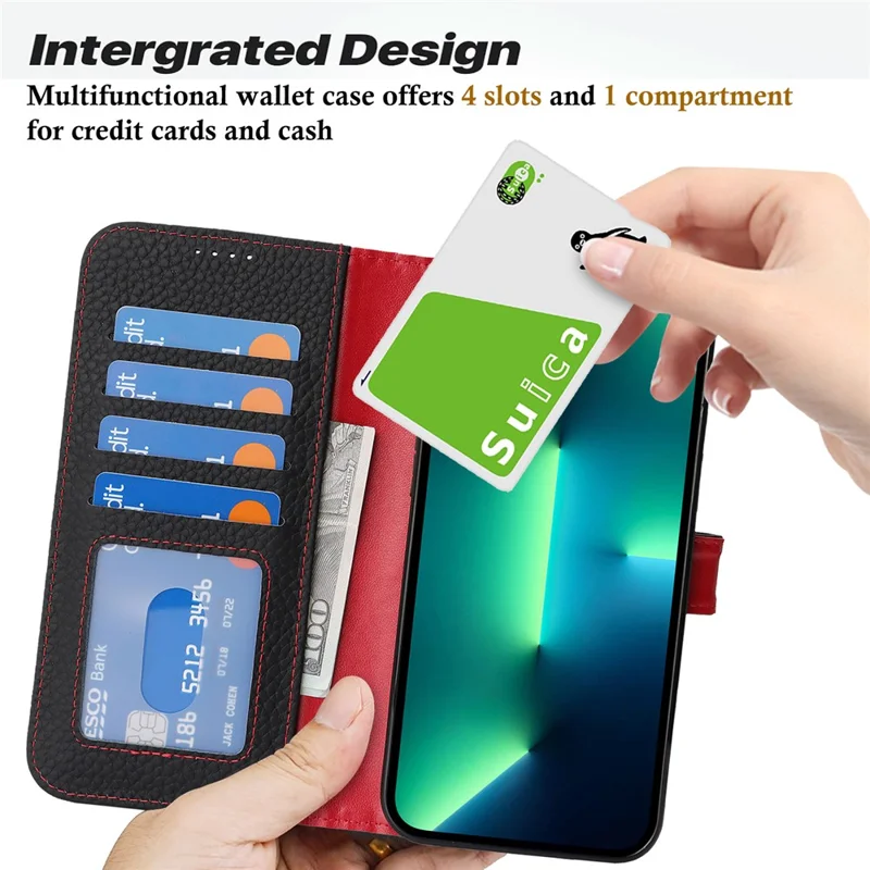 Für iPhone 13 Pro Max / 12 Pro Max Ständer Hülle Litschi-Textur Echtes Rindsleder Brieftasche Handyhülle mit RFID-Schutz - Schwarz / Rot
