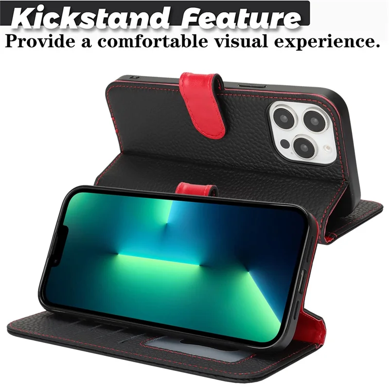 Für iPhone 13 Pro Max / 12 Pro Max Ständer Hülle Litschi-Textur Echtes Rindsleder Brieftasche Handyhülle mit RFID-Schutz - Schwarz / Rot