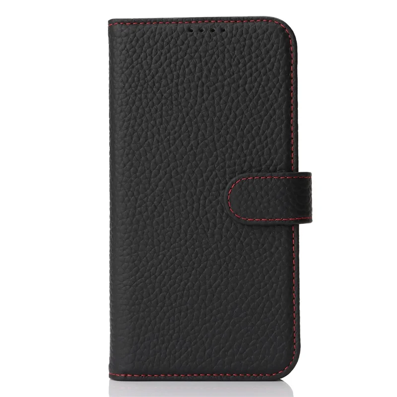 Für iPhone 13 Pro Max / 12 Pro Max Ständer Hülle Litschi-Textur Echtes Rindsleder Brieftasche Handyhülle mit RFID-Schutz - Schwarz / Rot