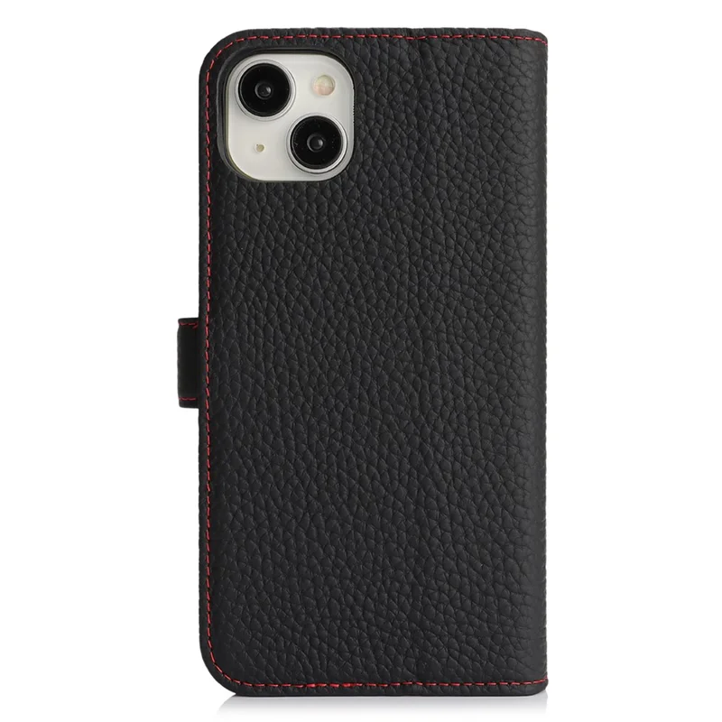 For iPhone 15 Plus  /  14 Plus Stand Case Litchi Texture Genuine Cow Leather Wallet Phone Cover RFID Blocking - Black  /  Red