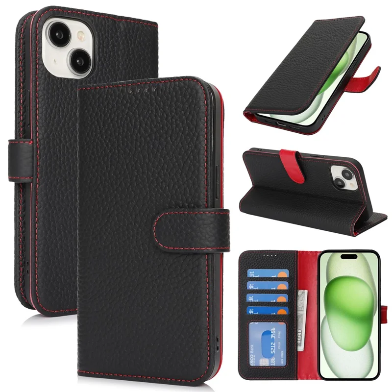 For iPhone 15 Plus  /  14 Plus Stand Case Litchi Texture Genuine Cow Leather Wallet Phone Cover RFID Blocking - Black  /  Red