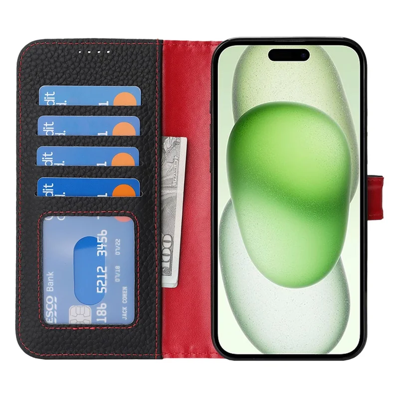 For iPhone 15 Plus  /  14 Plus Stand Case Litchi Texture Genuine Cow Leather Wallet Phone Cover RFID Blocking - Black  /  Red