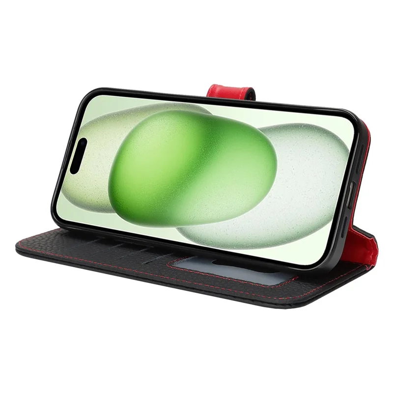 For iPhone 15 Plus  /  14 Plus Stand Case Litchi Texture Genuine Cow Leather Wallet Phone Cover RFID Blocking - Black  /  Red