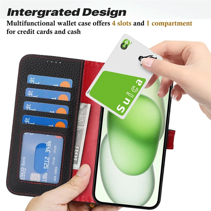 For iPhone 15 Plus  /  14 Plus Stand Case Litchi Texture Genuine Cow Leather Wallet Phone Cover RFID Blocking - Black  /  Red