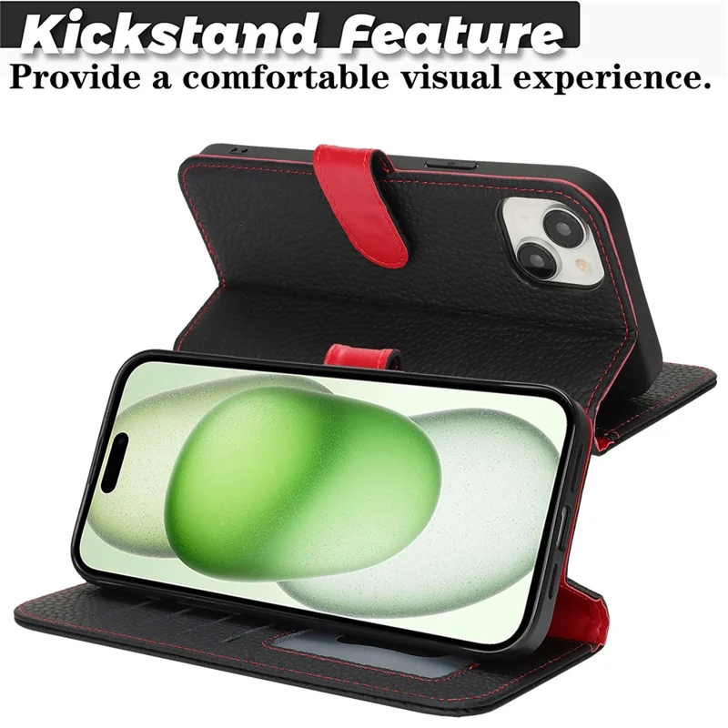 For iPhone 15 Plus  /  14 Plus Stand Case Litchi Texture Genuine Cow Leather Wallet Phone Cover RFID Blocking - Black  /  Red