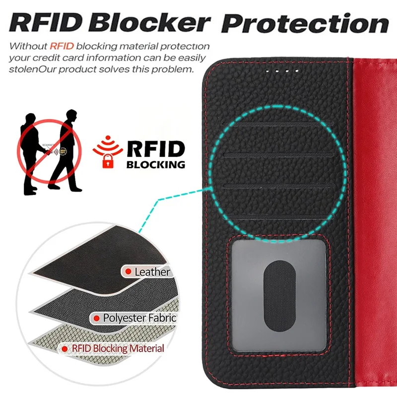 For iPhone 15 Plus  /  14 Plus Stand Case Litchi Texture Genuine Cow Leather Wallet Phone Cover RFID Blocking - Black  /  Red