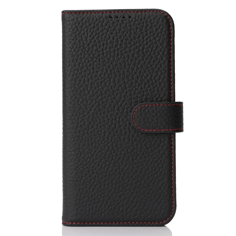 For iPhone 15 Plus  /  14 Plus Stand Case Litchi Texture Genuine Cow Leather Wallet Phone Cover RFID Blocking - Black  /  Red