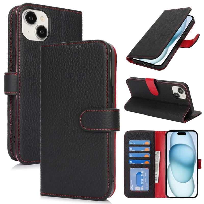 For iPhone 15 Stand Case Litchi Texture Genuine Cow Leather Wallet Phone Cover RFID Blocking - Black  /  Red