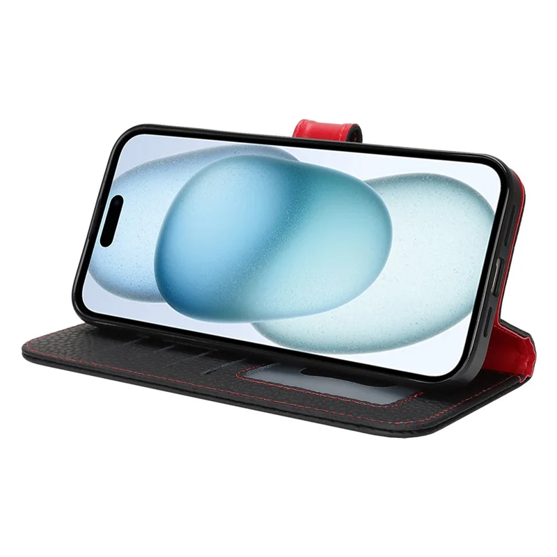For iPhone 15 Stand Case Litchi Texture Genuine Cow Leather Wallet Phone Cover RFID Blocking - Black  /  Red