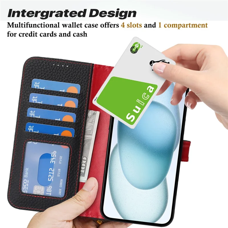 For iPhone 15 Stand Case Litchi Texture Genuine Cow Leather Wallet Phone Cover RFID Blocking - Black  /  Red