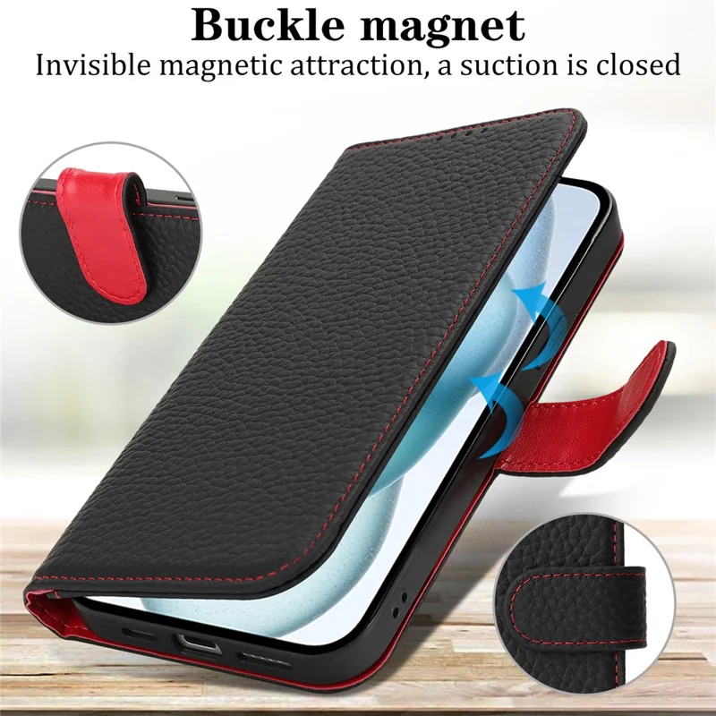 For iPhone 15 Stand Case Litchi Texture Genuine Cow Leather Wallet Phone Cover RFID Blocking - Black  /  Red