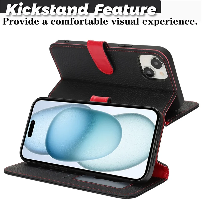 For iPhone 15 Stand Case Litchi Texture Genuine Cow Leather Wallet Phone Cover RFID Blocking - Black  /  Red