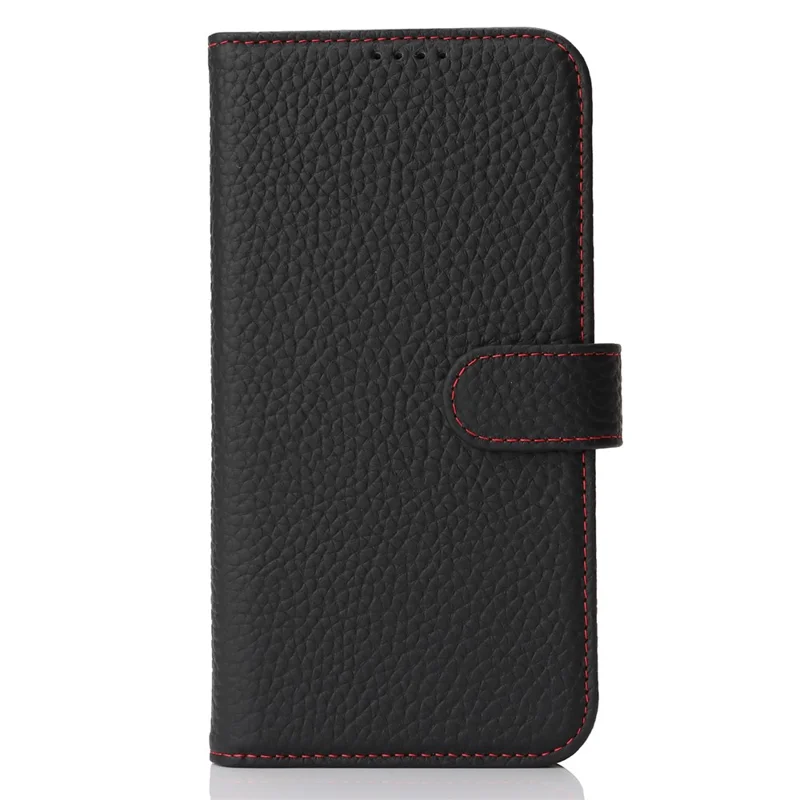 For iPhone 15 Stand Case Litchi Texture Genuine Cow Leather Wallet Phone Cover RFID Blocking - Black  /  Red