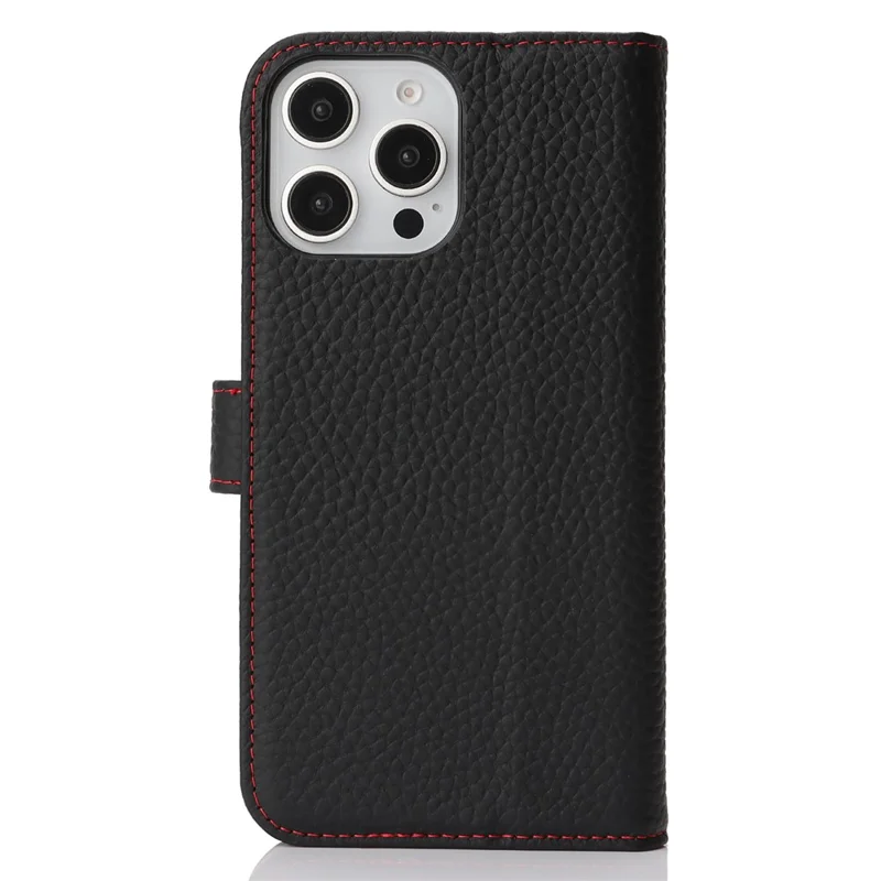For iPhone 15 Pro Stand Case Litchi Texture Genuine Cow Leather Wallet Phone Cover RFID Blocking - Black  /  Red