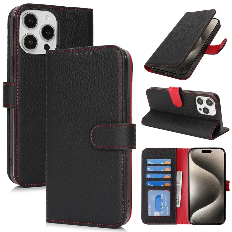 For iPhone 15 Pro Stand Case Litchi Texture Genuine Cow Leather Wallet Phone Cover RFID Blocking - Black  /  Red