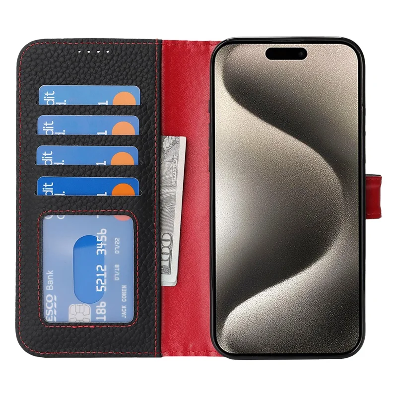 For iPhone 15 Pro Stand Case Litchi Texture Genuine Cow Leather Wallet Phone Cover RFID Blocking - Black  /  Red
