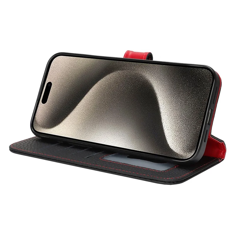 For iPhone 15 Pro Stand Case Litchi Texture Genuine Cow Leather Wallet Phone Cover RFID Blocking - Black  /  Red