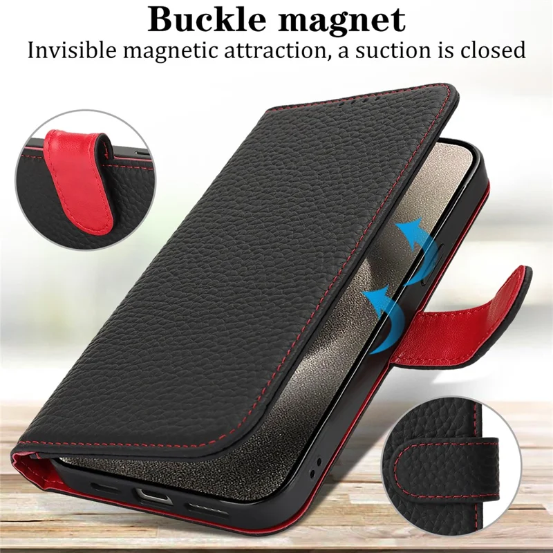 For iPhone 15 Pro Stand Case Litchi Texture Genuine Cow Leather Wallet Phone Cover RFID Blocking - Black  /  Red