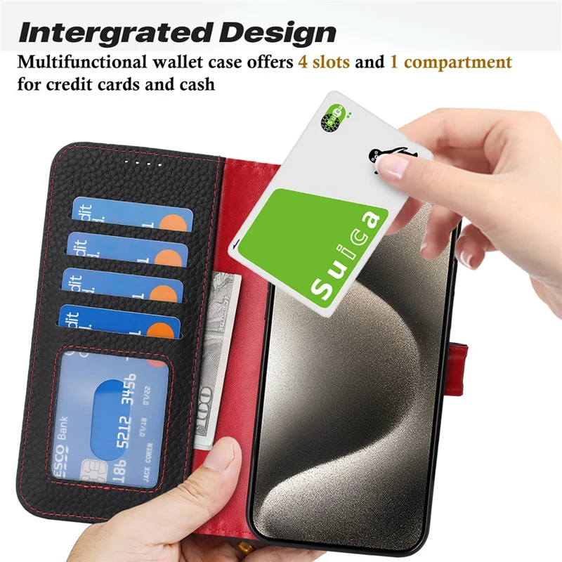 For iPhone 15 Pro Stand Case Litchi Texture Genuine Cow Leather Wallet Phone Cover RFID Blocking - Black  /  Red
