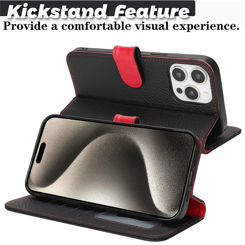 For iPhone 15 Pro Stand Case Litchi Texture Genuine Cow Leather Wallet Phone Cover RFID Blocking - Black  /  Red