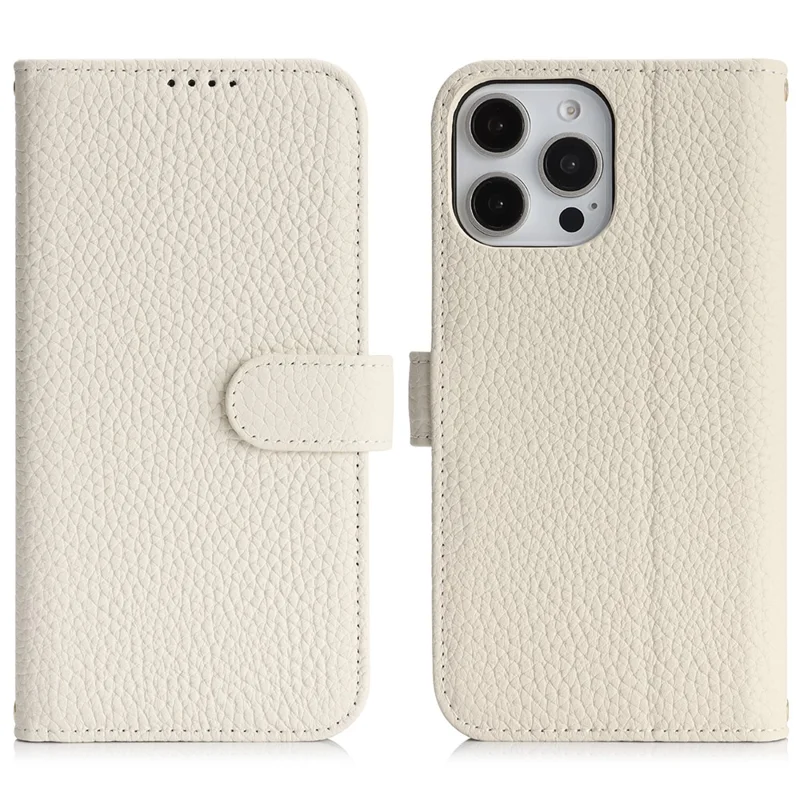 For iPhone 15 Pro Stand Case Litchi Texture Genuine Cow Leather Wallet Phone Cover RFID Blocking - White