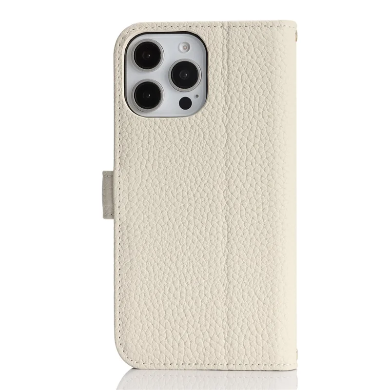 For iPhone 15 Pro Stand Case Litchi Texture Genuine Cow Leather Wallet Phone Cover RFID Blocking - White