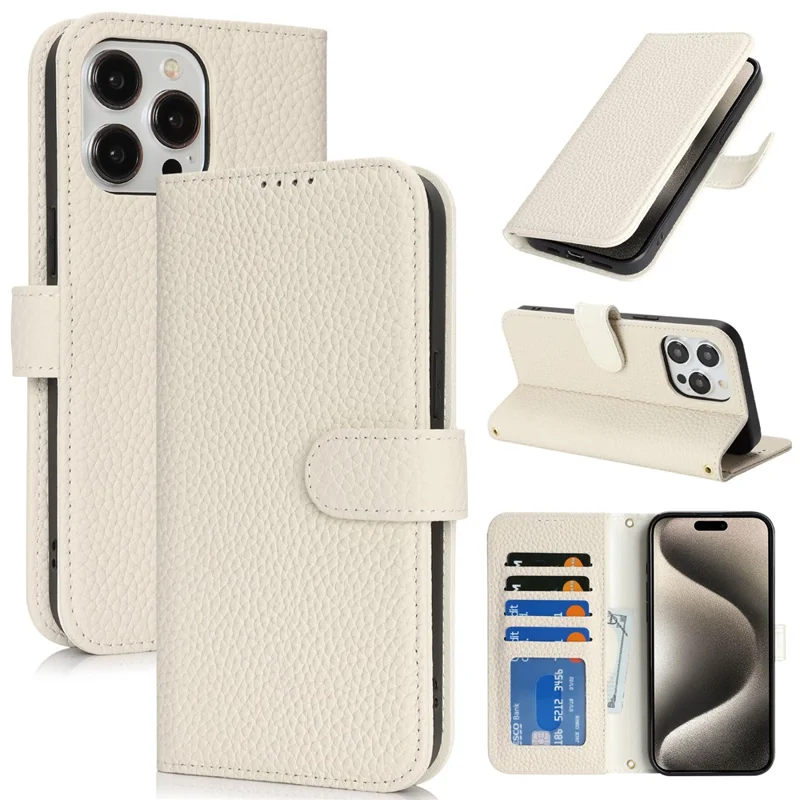 For iPhone 15 Pro Stand Case Litchi Texture Genuine Cow Leather Wallet Phone Cover RFID Blocking - White