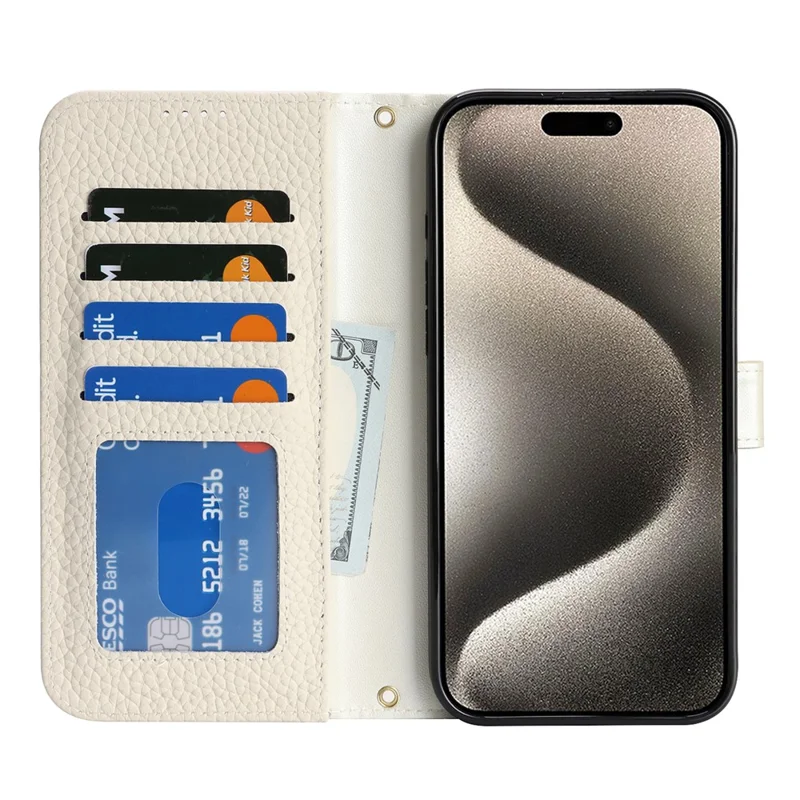 For iPhone 15 Pro Stand Case Litchi Texture Genuine Cow Leather Wallet Phone Cover RFID Blocking - White