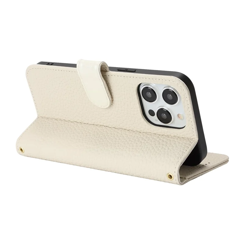 For iPhone 15 Pro Stand Case Litchi Texture Genuine Cow Leather Wallet Phone Cover RFID Blocking - White