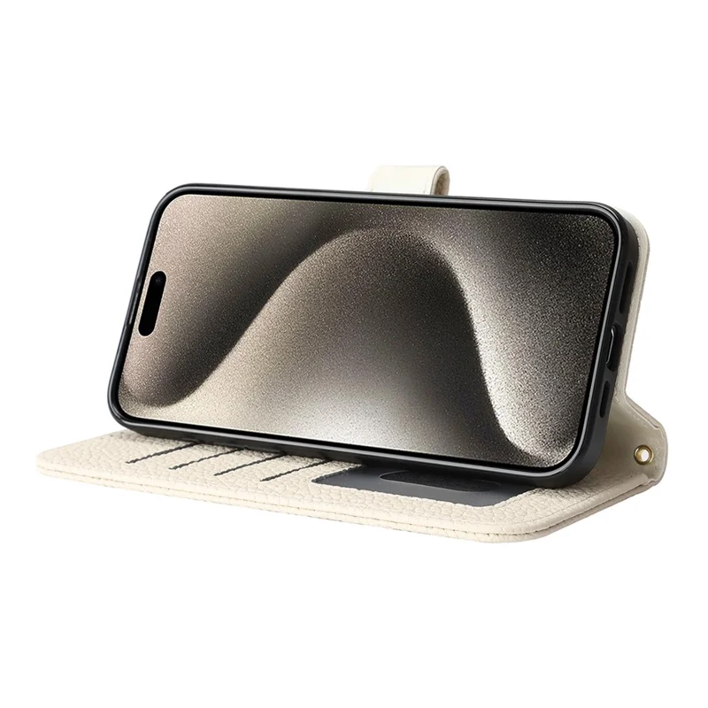 For iPhone 15 Pro Stand Case Litchi Texture Genuine Cow Leather Wallet Phone Cover RFID Blocking - White