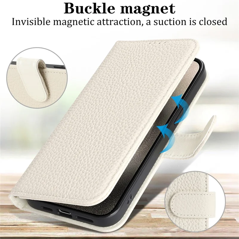 For iPhone 15 Pro Stand Case Litchi Texture Genuine Cow Leather Wallet Phone Cover RFID Blocking - White