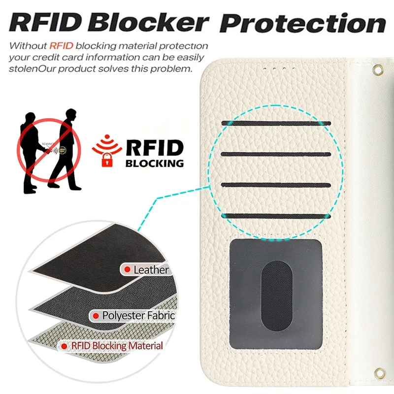 For iPhone 15 Pro Stand Case Litchi Texture Genuine Cow Leather Wallet Phone Cover RFID Blocking - White