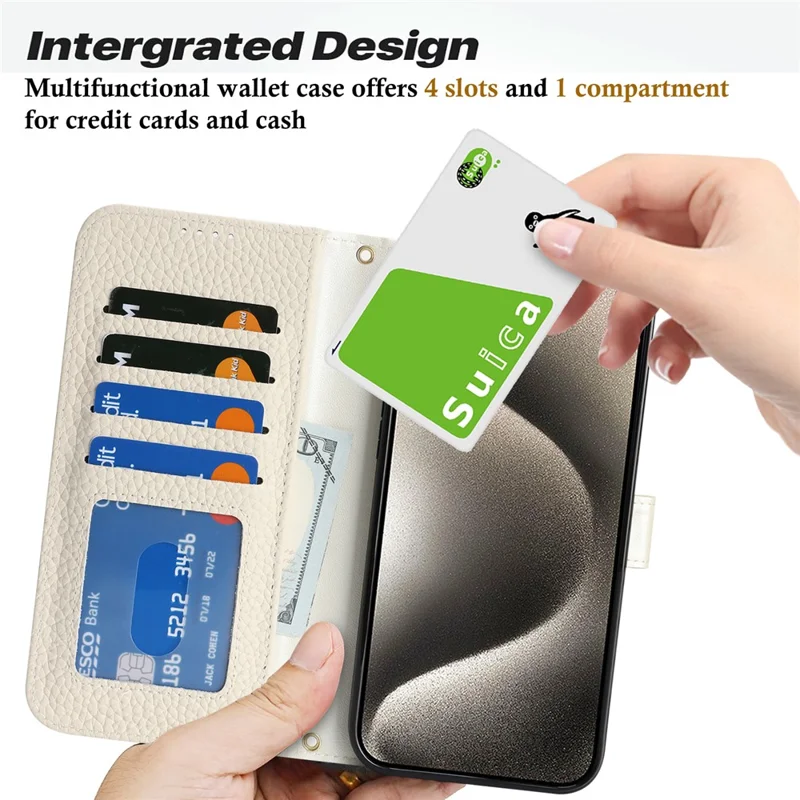 For iPhone 15 Pro Stand Case Litchi Texture Genuine Cow Leather Wallet Phone Cover RFID Blocking - White