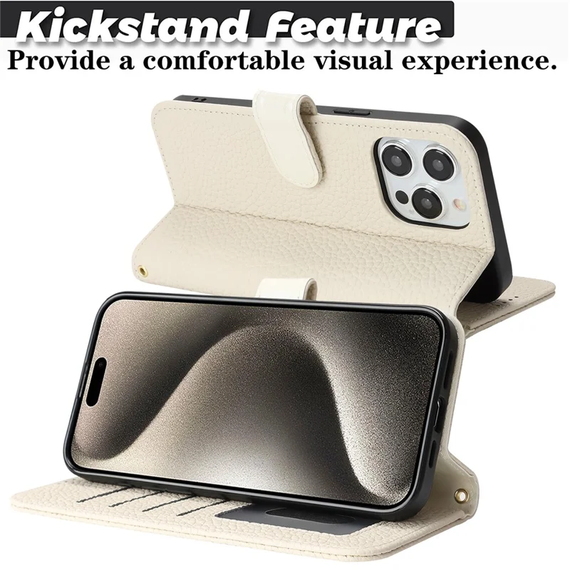 For iPhone 15 Pro Stand Case Litchi Texture Genuine Cow Leather Wallet Phone Cover RFID Blocking - White
