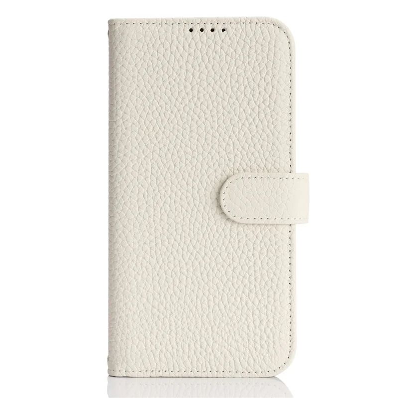 For iPhone 15 Pro Stand Case Litchi Texture Genuine Cow Leather Wallet Phone Cover RFID Blocking - White