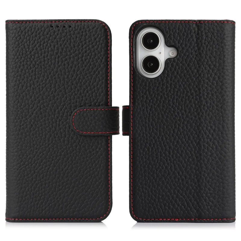 For iPhone 16 Stand Case Litchi Texture Genuine Cow Leather Wallet Phone Cover RFID Blocking - Black  /  Red