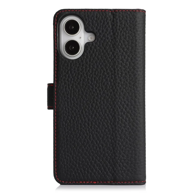 For iPhone 16 Stand Case Litchi Texture Genuine Cow Leather Wallet Phone Cover RFID Blocking - Black  /  Red