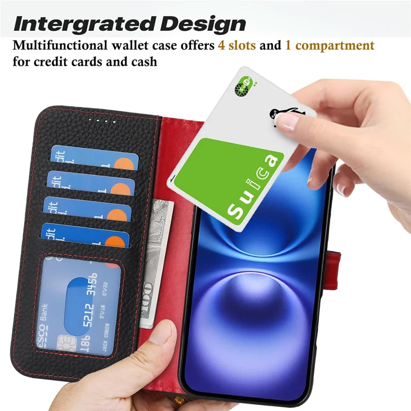 For iPhone 16 Stand Case Litchi Texture Genuine Cow Leather Wallet Phone Cover RFID Blocking - Black  /  Red