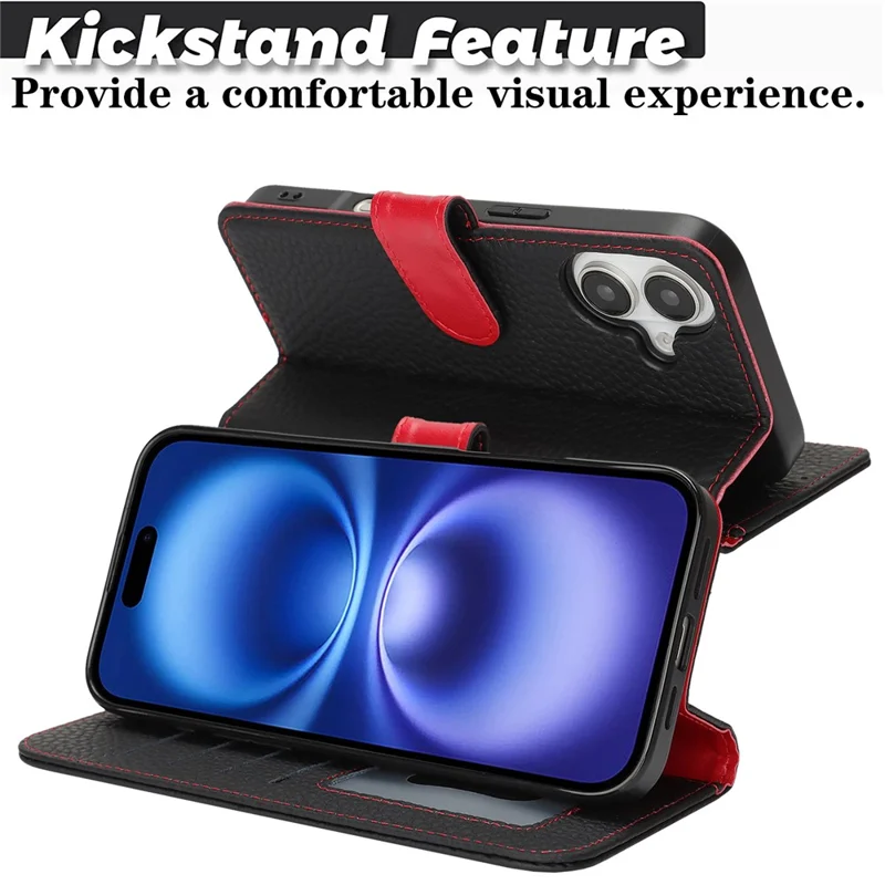 For iPhone 16 Stand Case Litchi Texture Genuine Cow Leather Wallet Phone Cover RFID Blocking - Black  /  Red