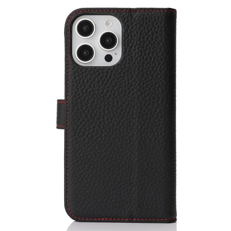 For iPhone 16 Pro Max Stand Case Litchi Texture Genuine Cow Leather Wallet Phone Cover RFID Blocking - Black  /  Red