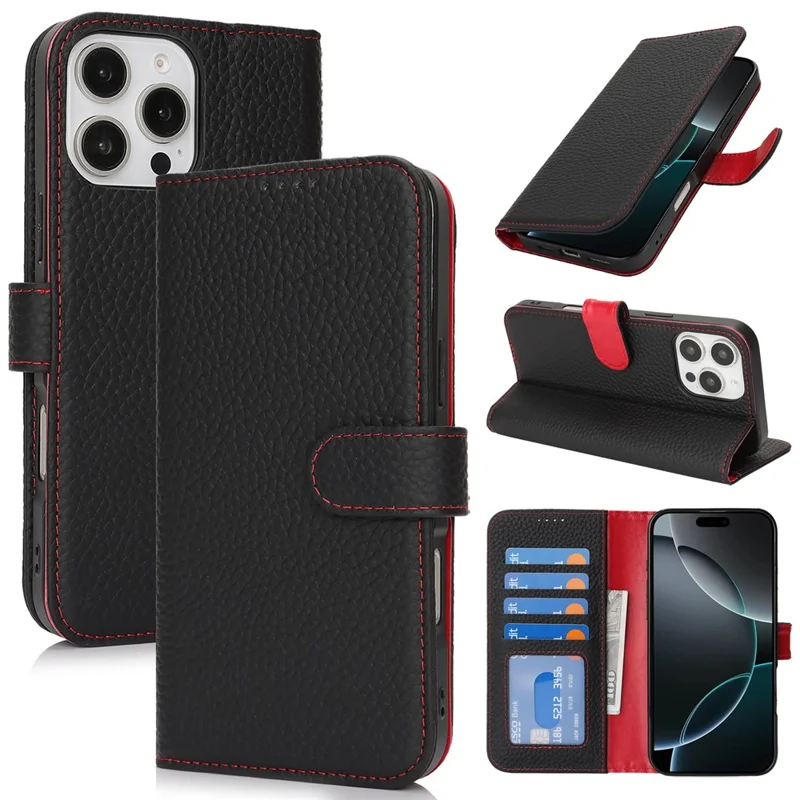 For iPhone 16 Pro Max Stand Case Litchi Texture Genuine Cow Leather Wallet Phone Cover RFID Blocking - Black  /  Red