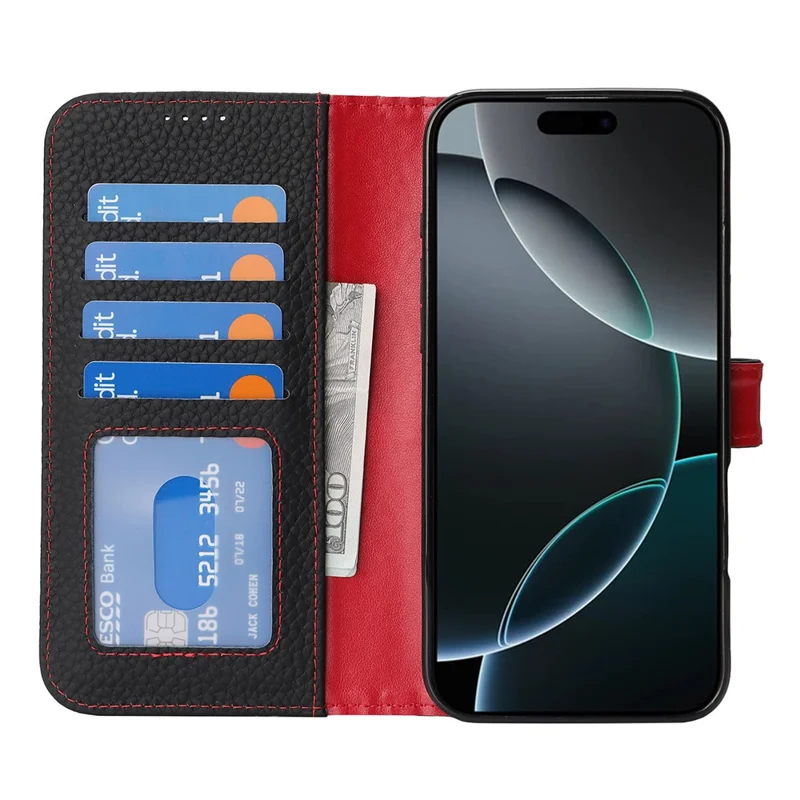 For iPhone 16 Pro Max Stand Case Litchi Texture Genuine Cow Leather Wallet Phone Cover RFID Blocking - Black  /  Red