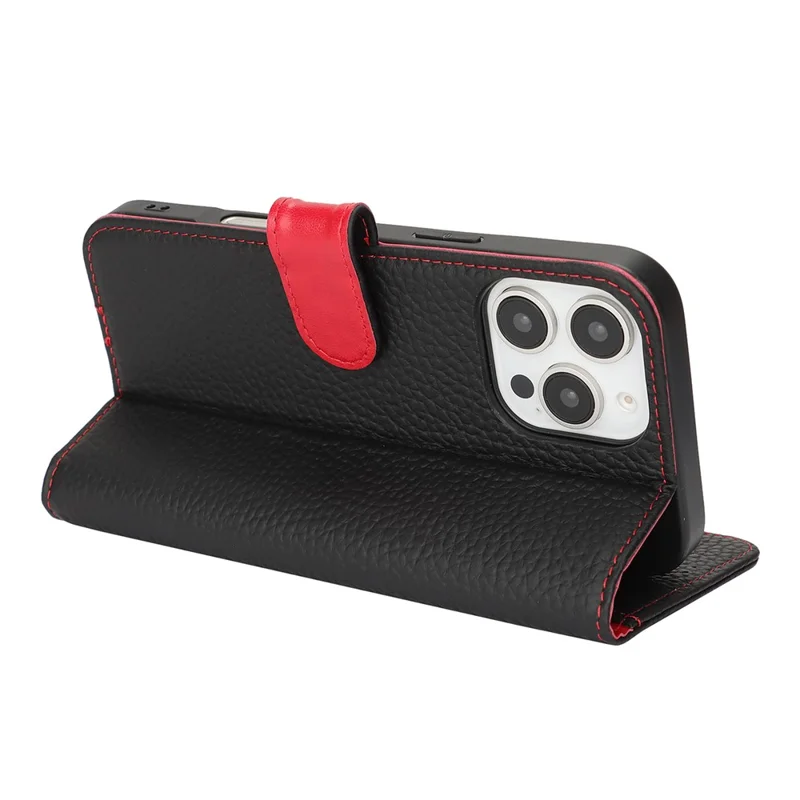 For iPhone 16 Pro Max Stand Case Litchi Texture Genuine Cow Leather Wallet Phone Cover RFID Blocking - Black  /  Red
