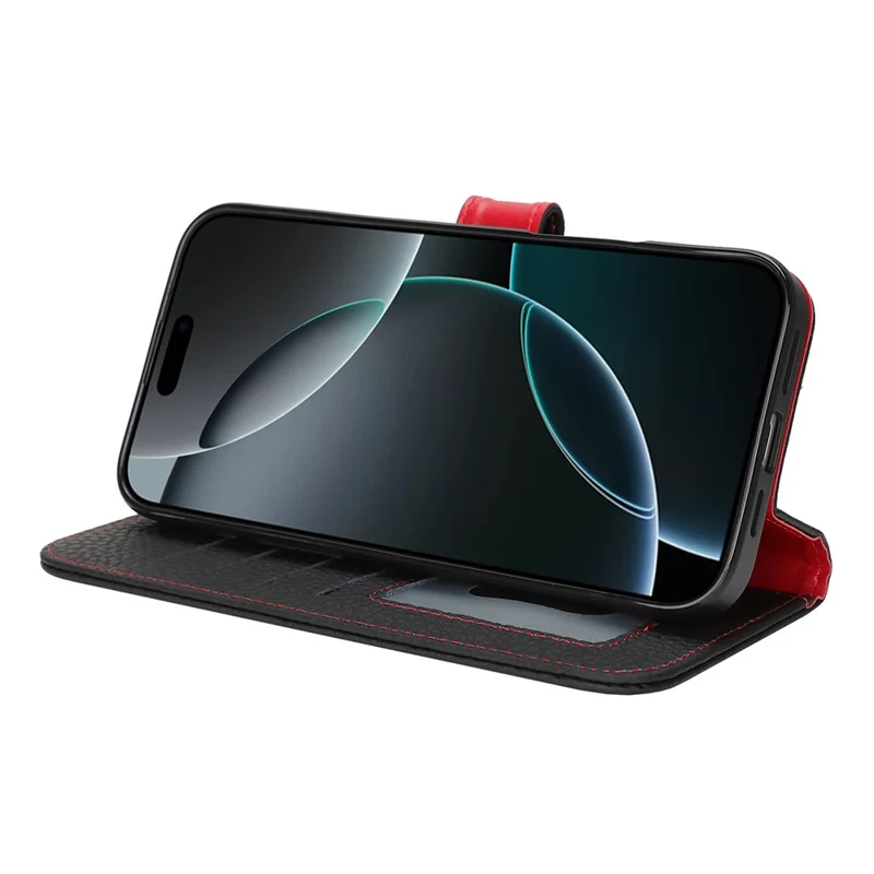 For iPhone 16 Pro Max Stand Case Litchi Texture Genuine Cow Leather Wallet Phone Cover RFID Blocking - Black  /  Red