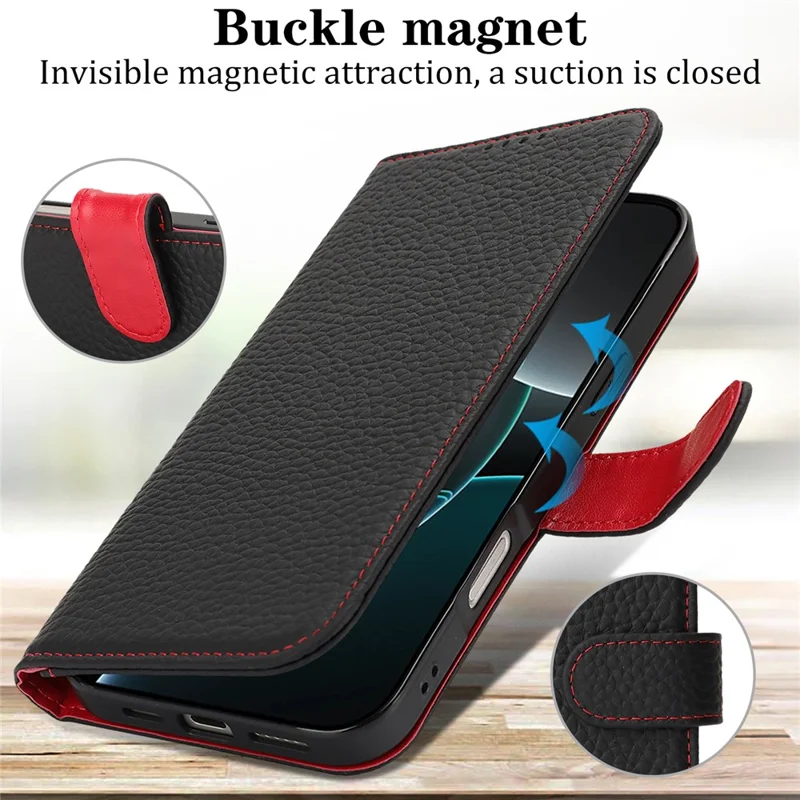For iPhone 16 Pro Max Stand Case Litchi Texture Genuine Cow Leather Wallet Phone Cover RFID Blocking - Black  /  Red