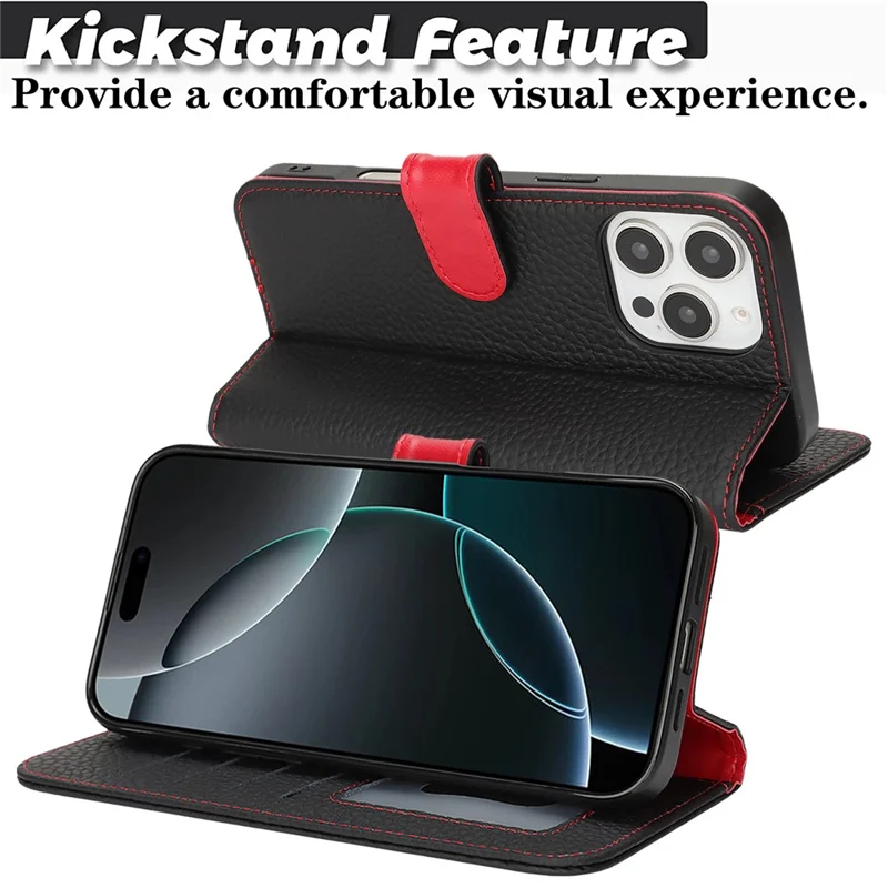 For iPhone 16 Pro Max Stand Case Litchi Texture Genuine Cow Leather Wallet Phone Cover RFID Blocking - Black  /  Red