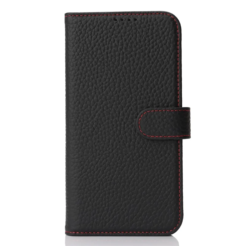 For iPhone 16 Pro Max Stand Case Litchi Texture Genuine Cow Leather Wallet Phone Cover RFID Blocking - Black  /  Red