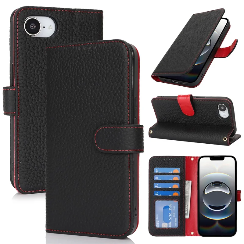 For iPhone 16e Stand Case Litchi Texture Genuine Cow Leather Wallet Phone Cover RFID Blocking - Black  /  Red