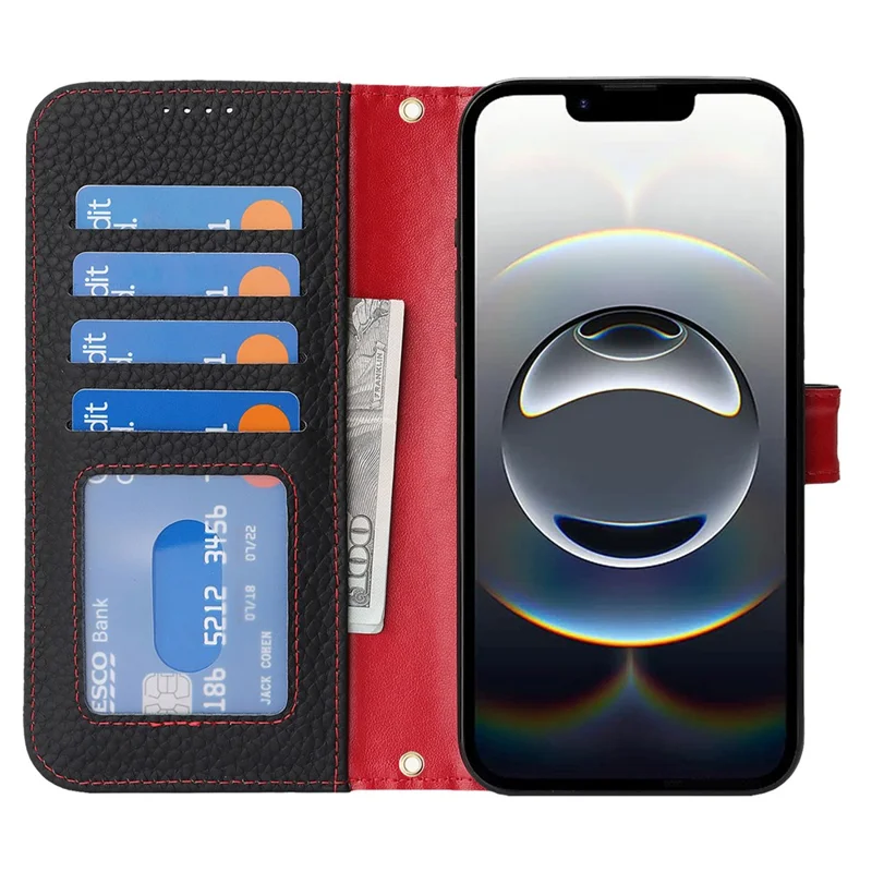 For iPhone 16e Stand Case Litchi Texture Genuine Cow Leather Wallet Phone Cover RFID Blocking - Black  /  Red