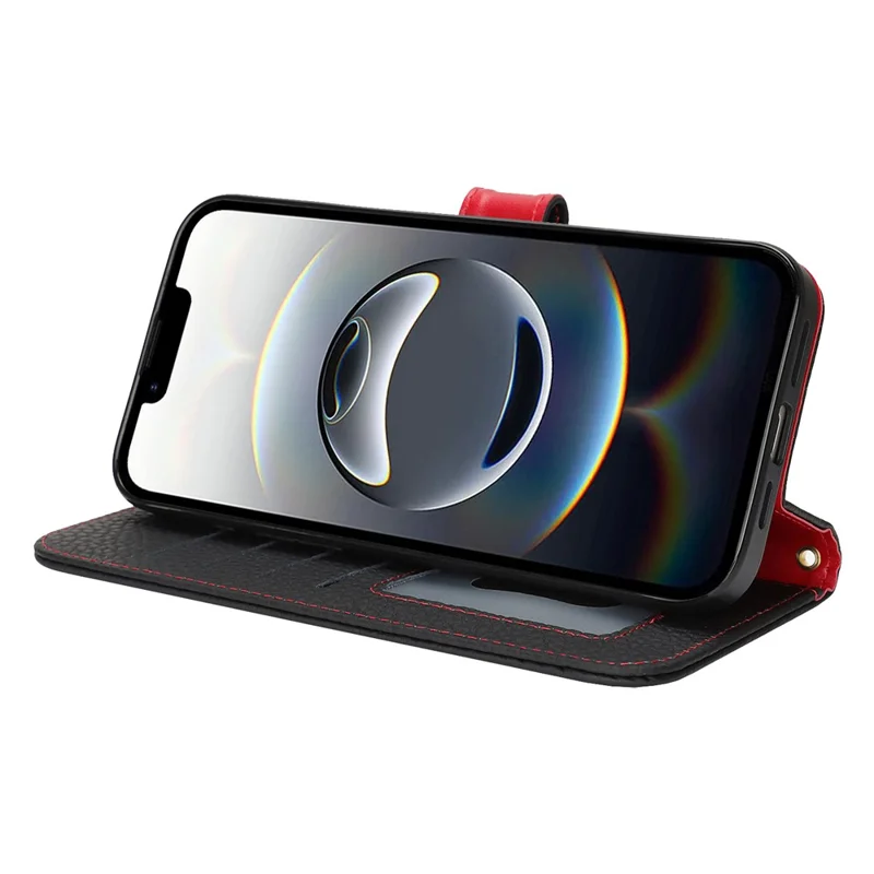 For iPhone 16e Stand Case Litchi Texture Genuine Cow Leather Wallet Phone Cover RFID Blocking - Black  /  Red